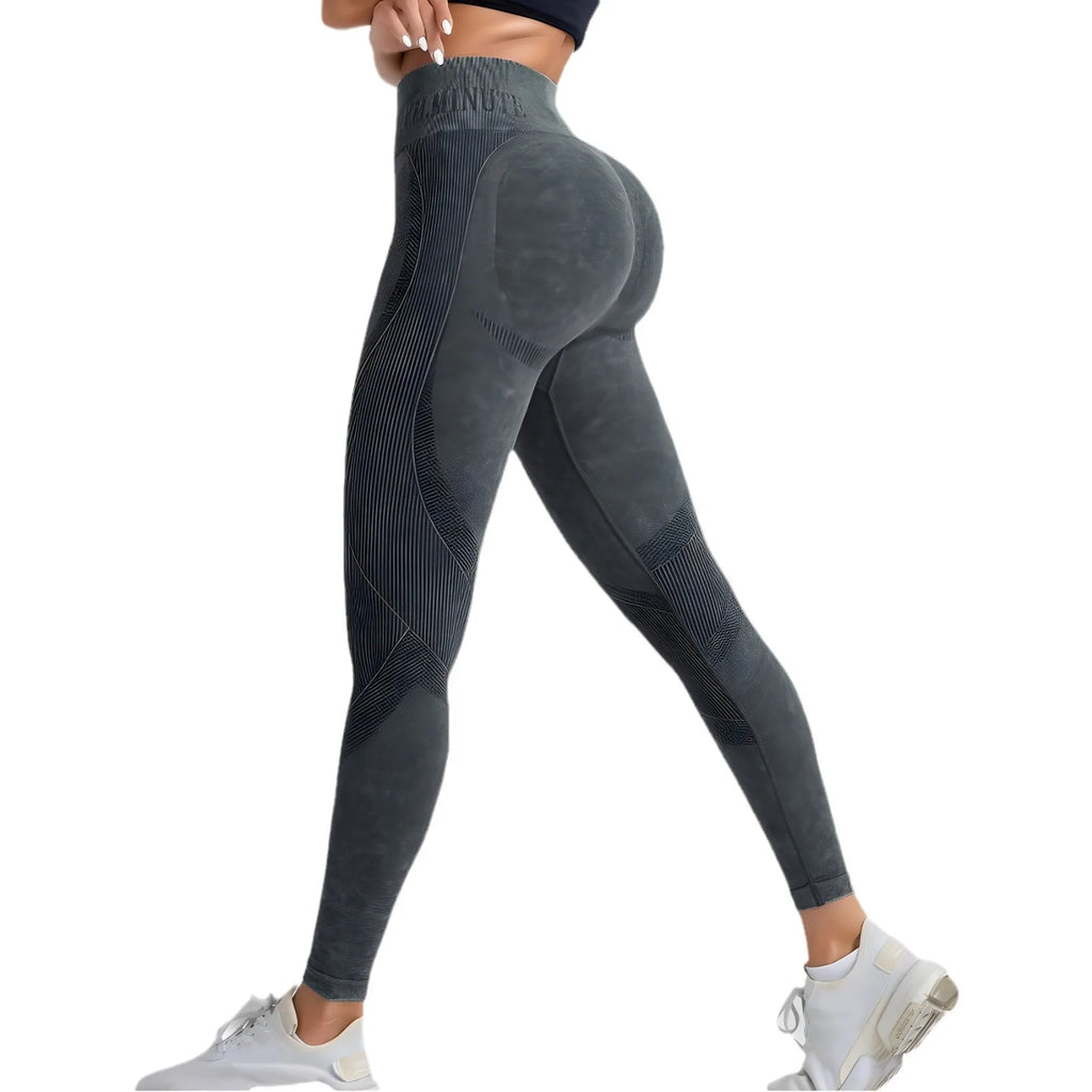 Legging de Sport Femme Seamless Taille Haute – Effet Push-Up Hanches, Yoga & Fitness, Tissu Sand Washed, Imprimé Lettres