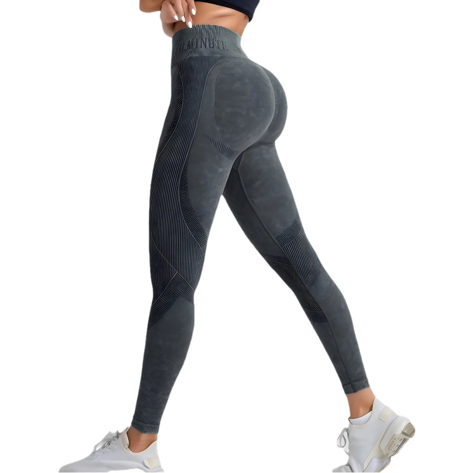 Legging de Sport Femme Seamless Taille Haute – Effet Push-Up Hanches, Yoga & Fitness, Tissu Sand Washed, Imprimé Lettres