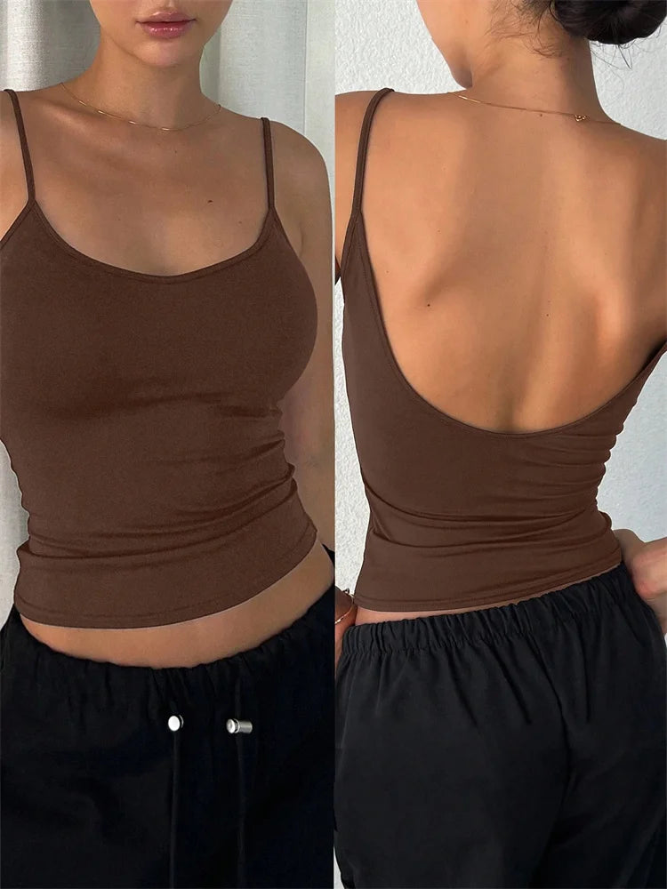 Crop Top Femme Dos Nu Débardeur Court Uni, Sans Manches, Style Y2K Streetwear, Été