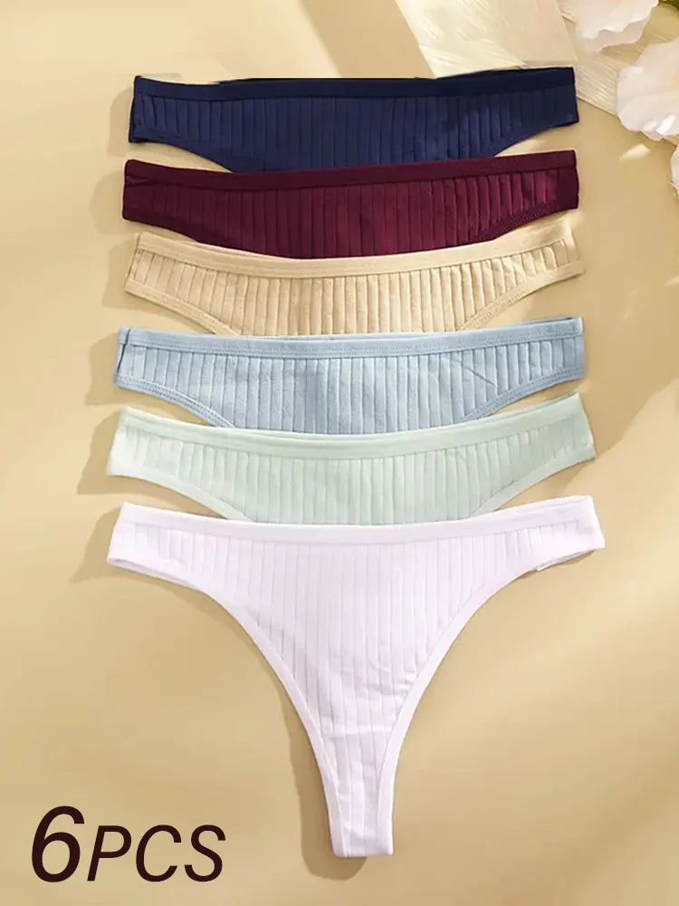 Lot de 6 strings femme coton côtelé – taille basse G-string, bikini sexy, couleurs unies S-XL
