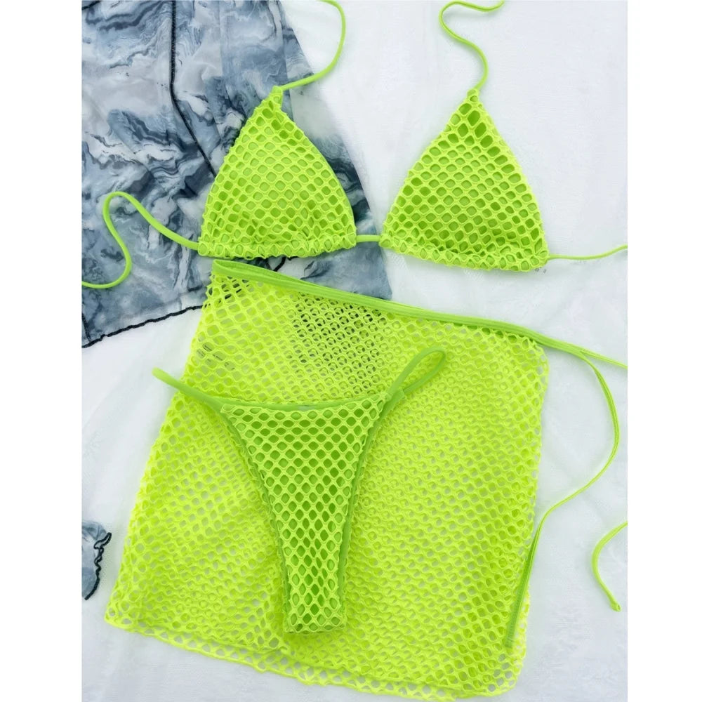 Bikini Femme 3 Pièces Sexy – Mesh Transparent, String Échancré, Tenue Plage.