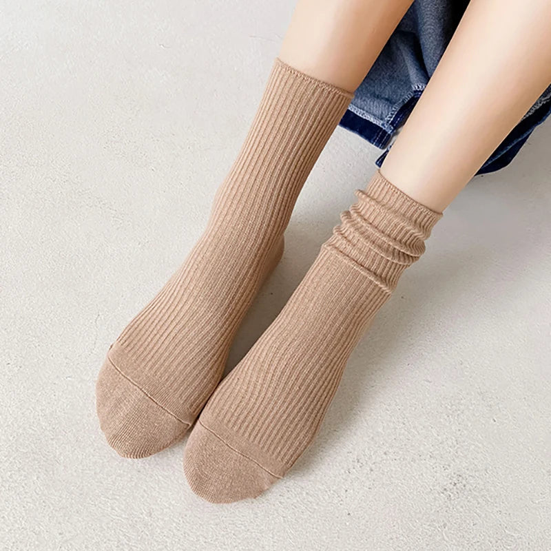 Lot de 5 paires de chaussettes femme – Couleur unie, longueur moyenne, style casual automne