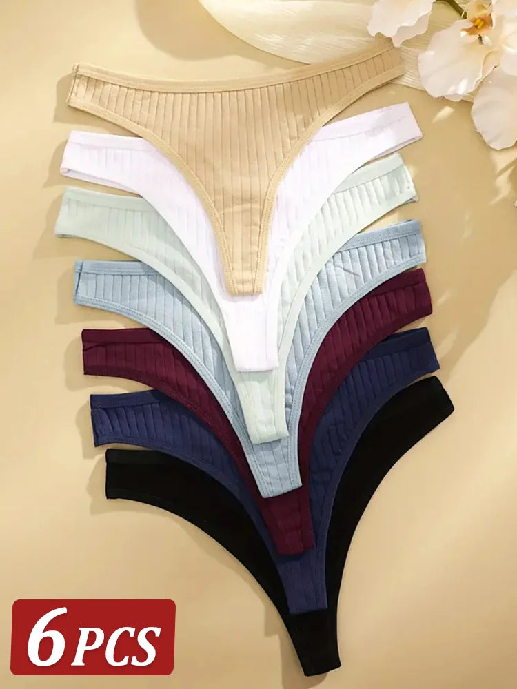 Lot de 6 strings femme coton côtelé – taille basse G-string, bikini sexy, couleurs unies S-XL