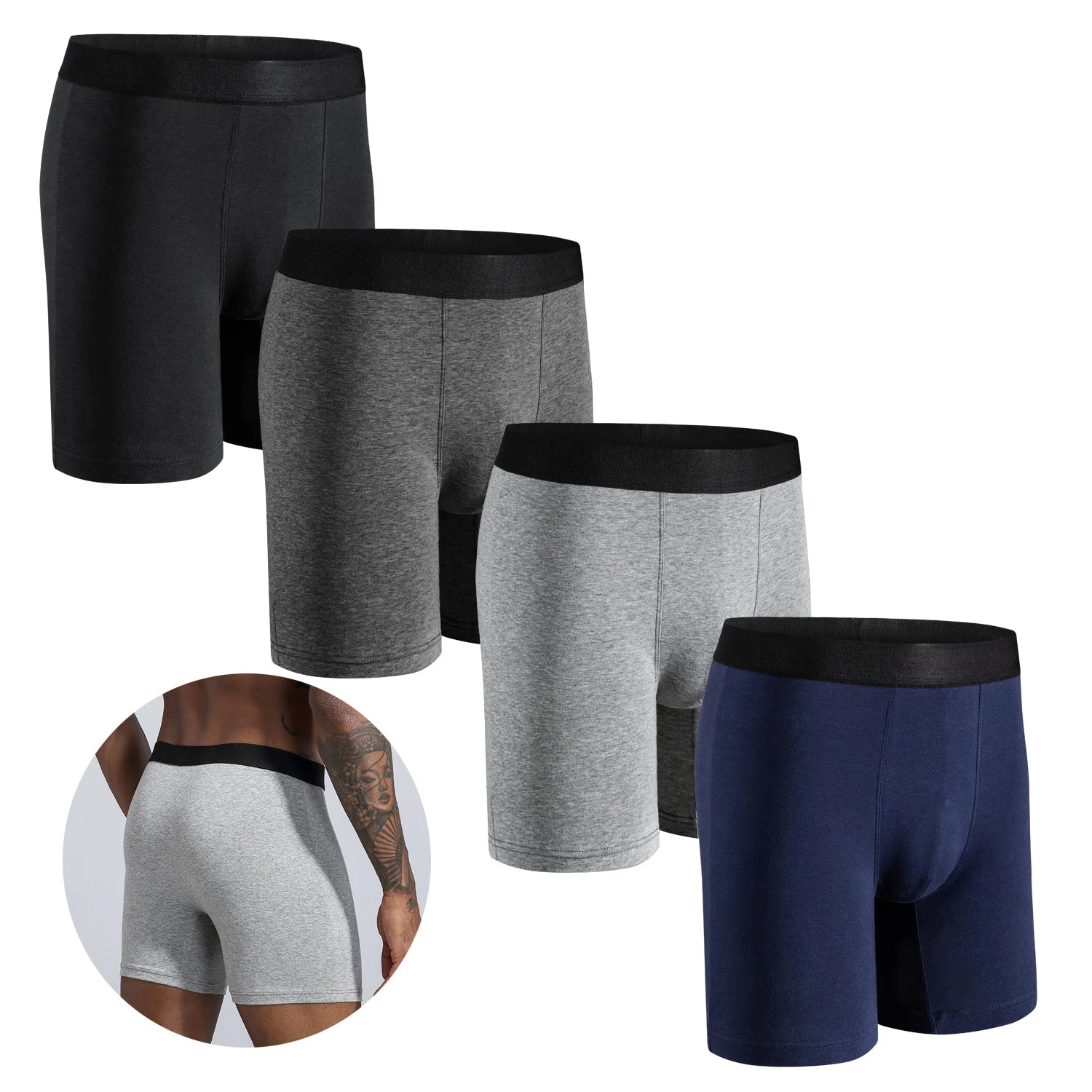 Lot de 4 boxers mi-longs homme – Coton respirant, confort quotidien.                   Confort, respirabilité et maintien optimal : les sous-vêtements essentiels pour l’homme moderne.