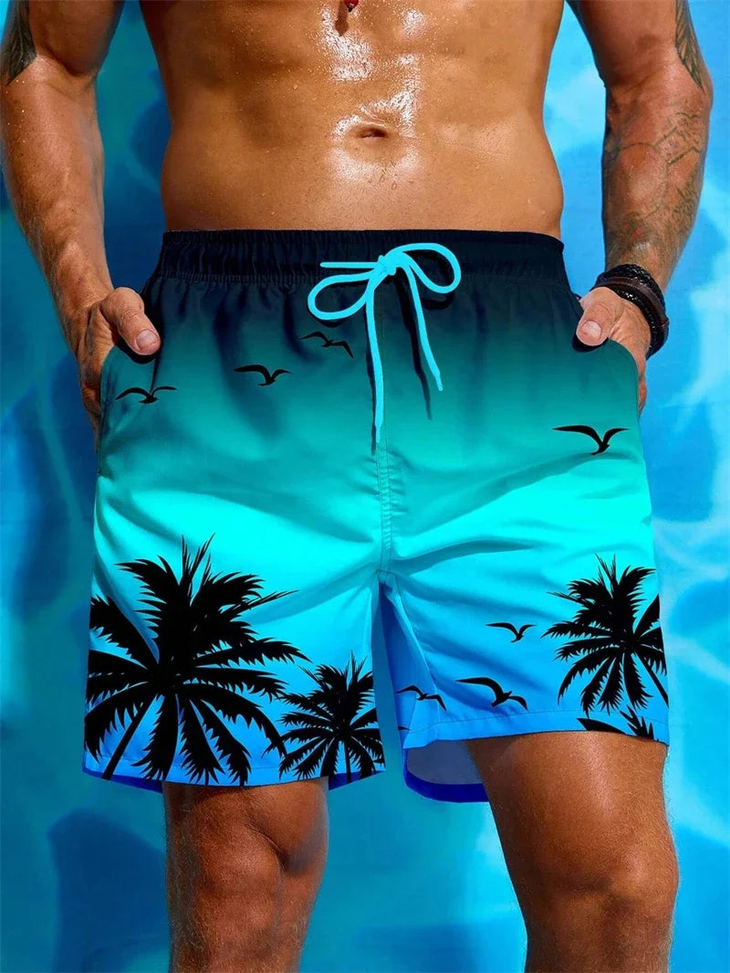 Boardshort Homme Vintage Imprimé 3D Palmiers Tropicaux, Short Hawaïen Respirant & Séchage Rapide.