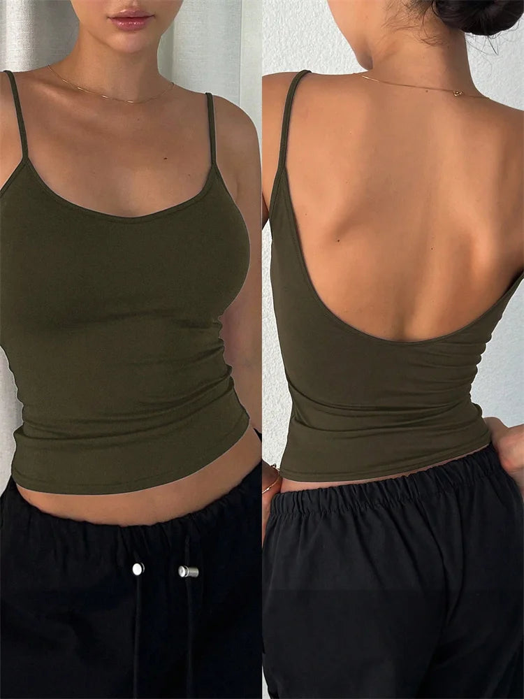 Crop Top Femme Dos Nu Débardeur Court Uni, Sans Manches, Style Y2K Streetwear, Été