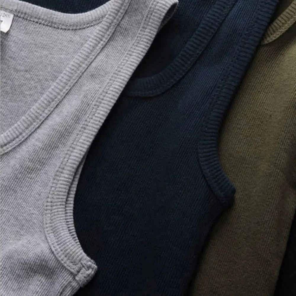 Lot de 3 hauts sans manches en coton pour hommes et femmes, gris, bleu marine et kaki, léger et confortable pour l'été.