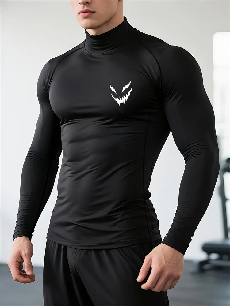 T-Shirt de Sport Homme Manches Longues – Imprimé Smiley, Coupe Ajustée,Fitness & Training