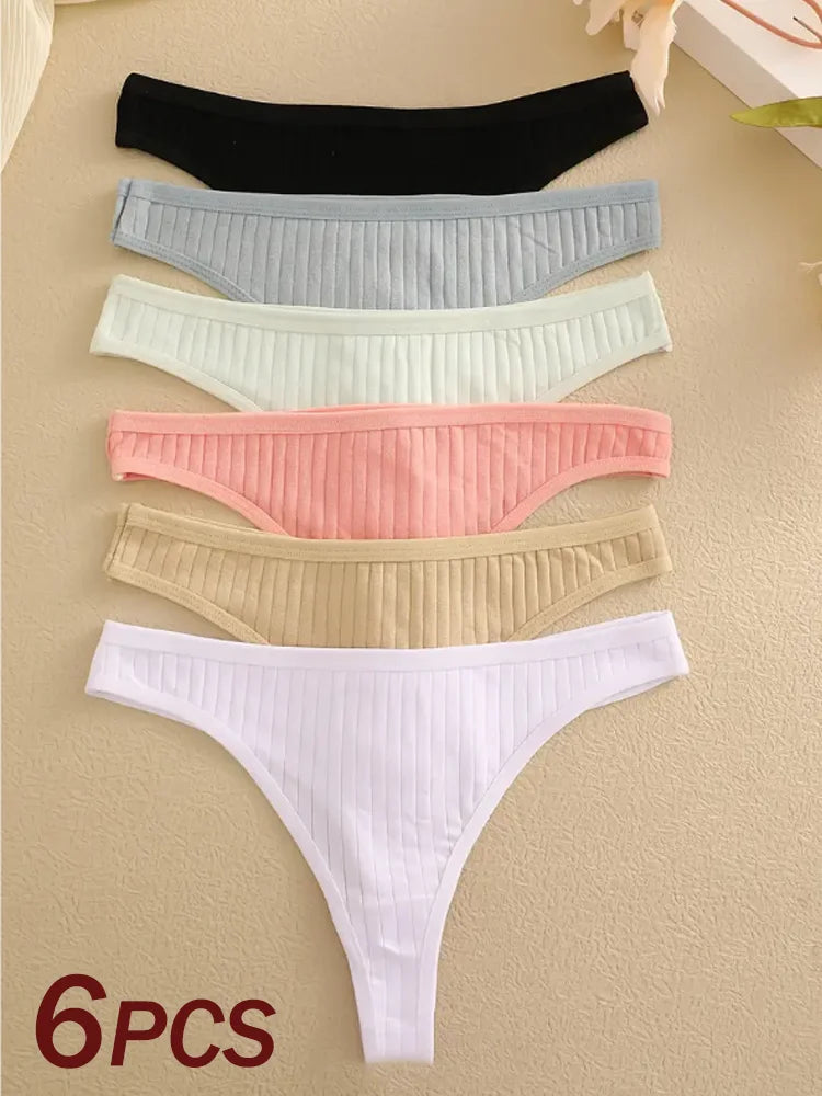 Lot de 6 strings femme coton côtelé – taille basse G-string, bikini sexy, couleurs unies S-XL