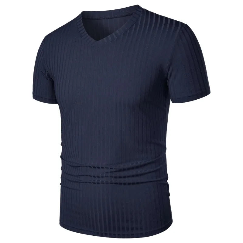 T-Shirt Homme– Col V Stretch, Léger & Côtelé, Style Streetwear Fitness Été