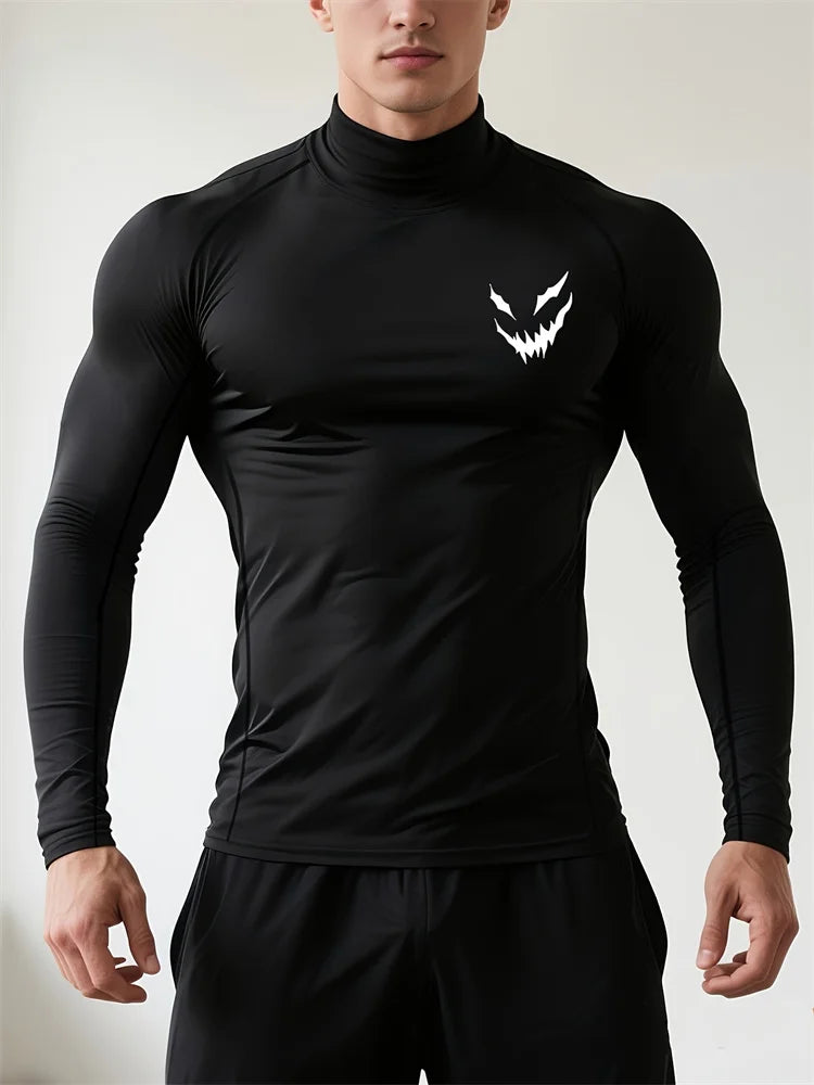 T-Shirt de Sport Homme Manches Longues – Imprimé Smiley, Coupe Ajustée,Fitness & Training