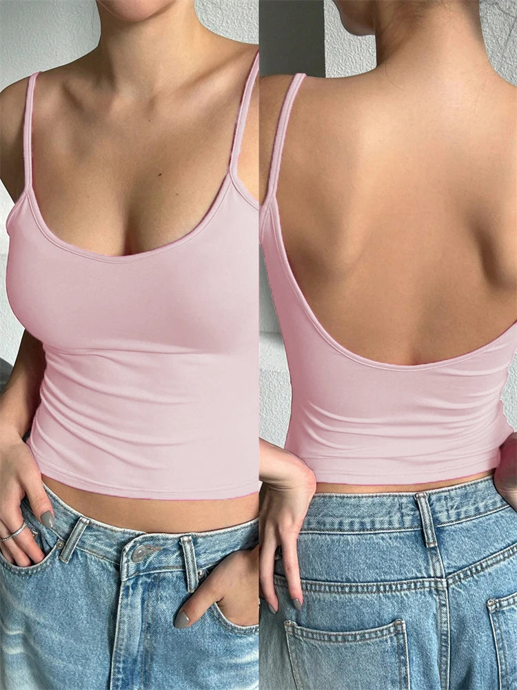 Crop Top Femme Dos Nu Débardeur Court Uni, Sans Manches, Style Y2K Streetwear, Été