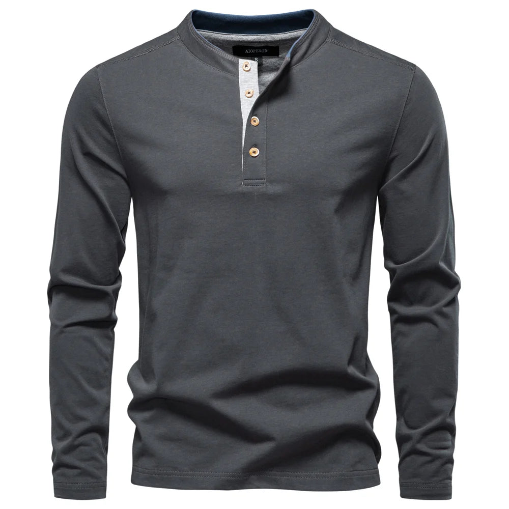 T-shirt Henley Homme Épais – 100% Coton, Manches Longues Thermiques – Col à Boutons, Workwear Automne/Hiver, Haute Durabilité