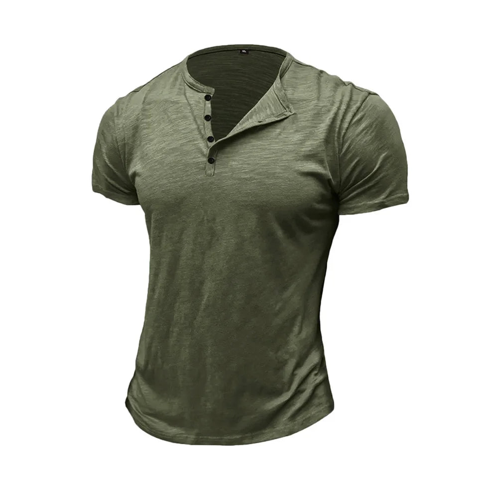 T-shirt homme en coton – Col Henley, manches courtes, été – T-shirt casual à boutons, couleur unie, confortable & respirant – Haute qualité