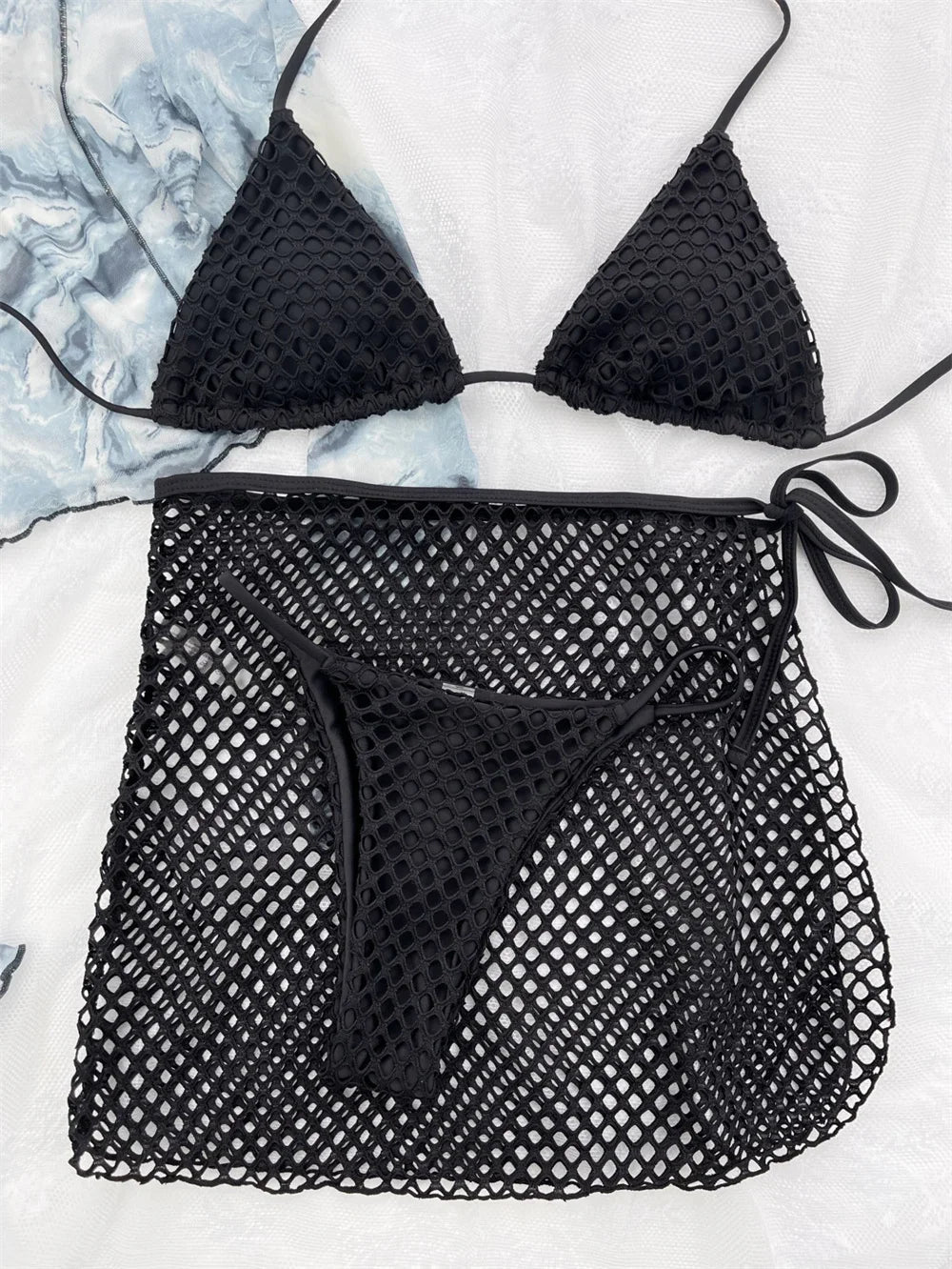 Bikini Femme 3 Pièces Sexy – Mesh Transparent, String Échancré, Tenue Plage.