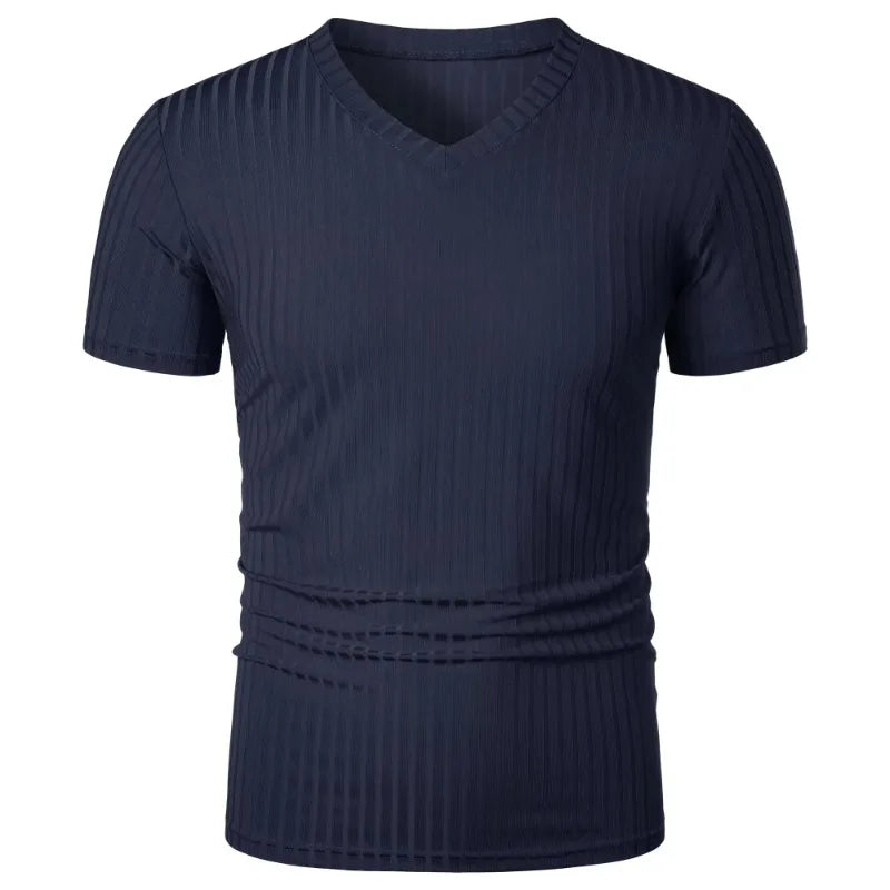 T-Shirt Homme– Col V Stretch, Léger & Côtelé, Style Streetwear Fitness Été
