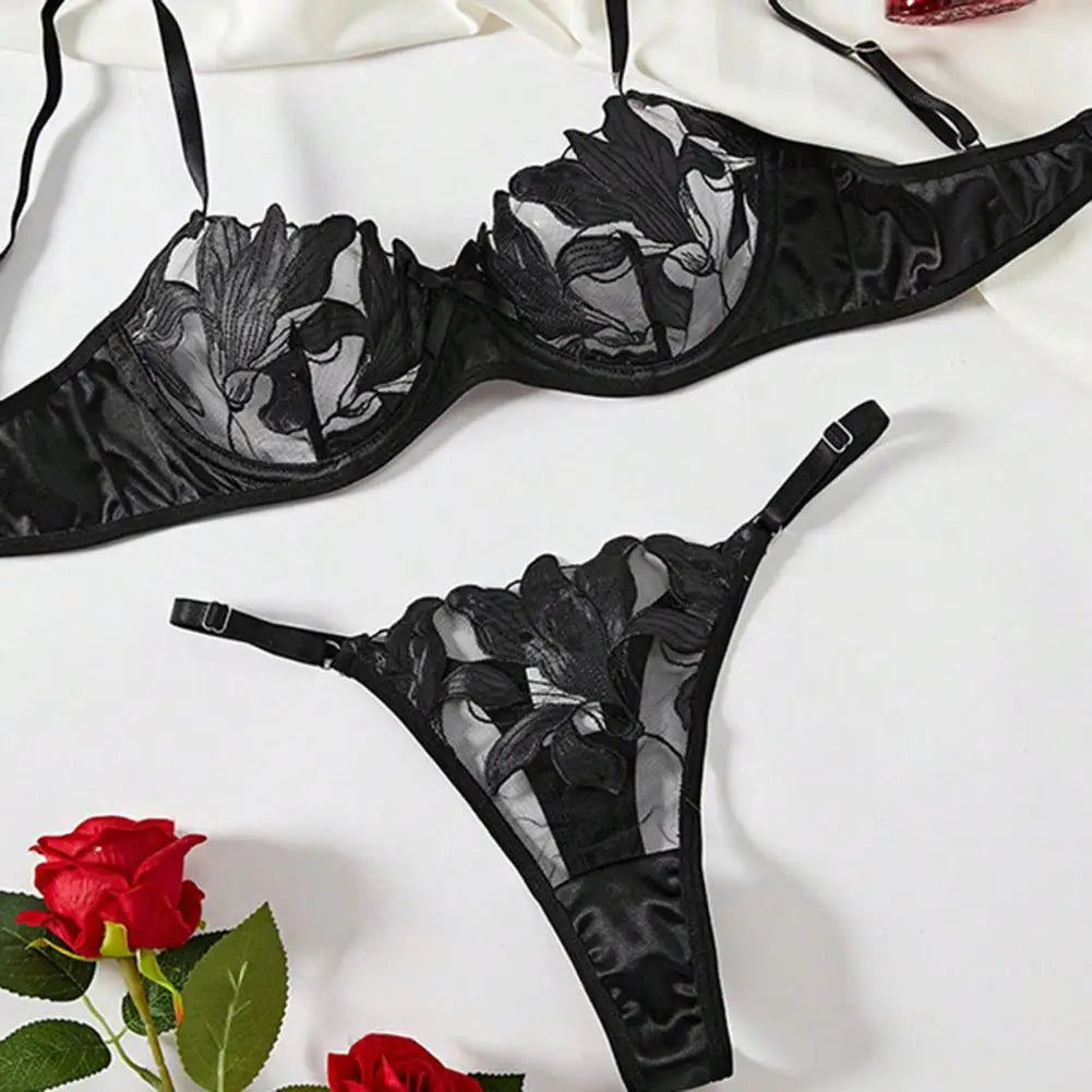 Ensemble lingerie luxe dentelle brodée – Soutien-gorge armatures + culotte, bretelles ajustables, taille basse
