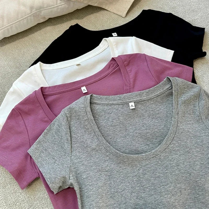 T-shirt femme coton – manches courtes, col rond, coupe slim, basique casual été, style Y2K tendance 2025