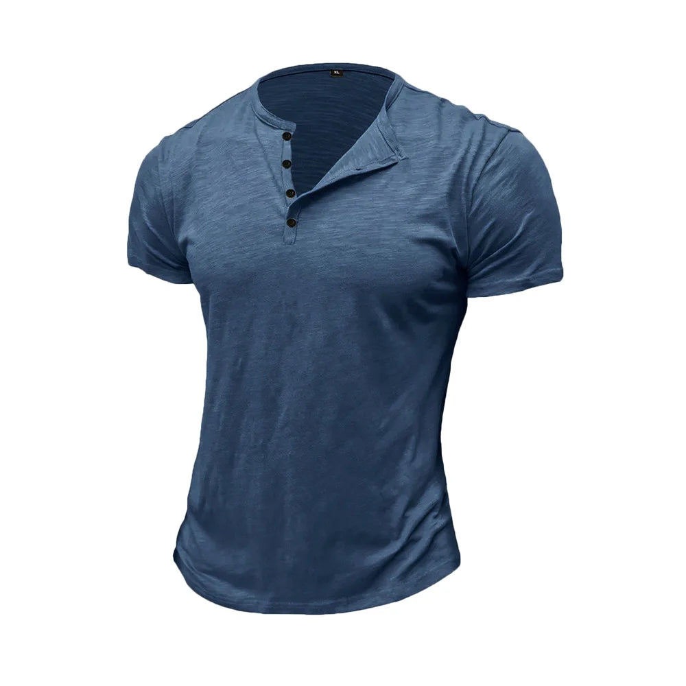 T-shirt homme en coton – Col Henley, manches courtes, été – T-shirt casual à boutons, couleur unie, confortable & respirant – Haute qualité