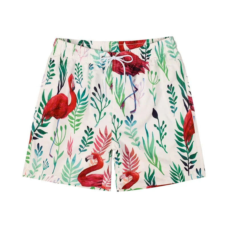 Short de Bain Homme Hawaïen – Imprimé 3D Flamants Roses & Tropical .