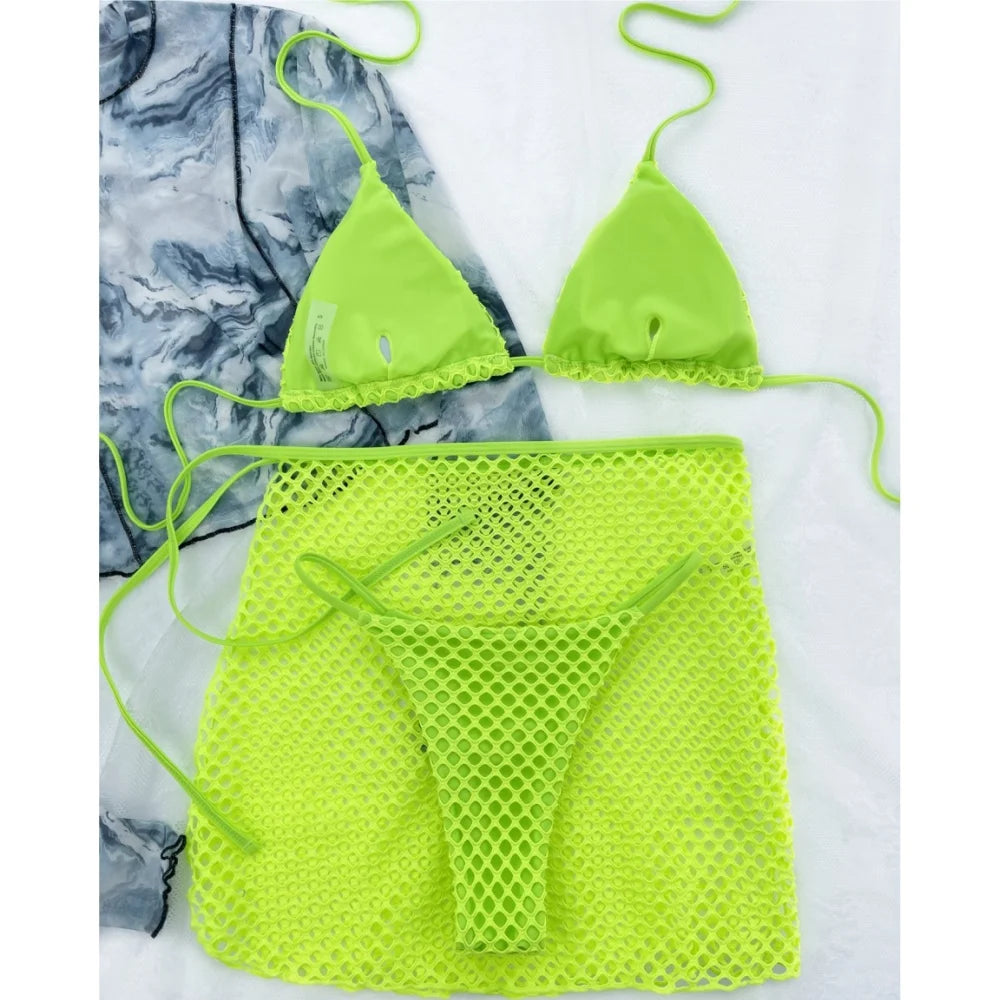 Bikini Femme 3 Pièces Sexy – Mesh Transparent, String Échancré, Tenue Plage.
