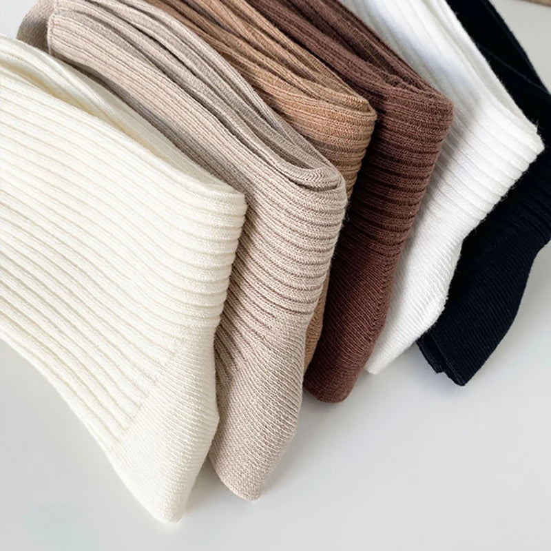 Lot de 5 paires de chaussettes femme – Couleur unie, longueur moyenne, style casual automne