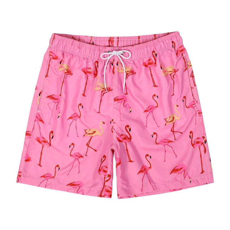 Short de Bain Homme Hawaïen – Imprimé 3D Flamants Roses & Tropical .
