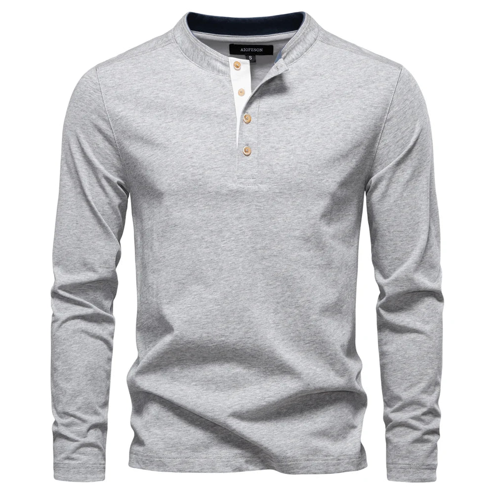 T-shirt Henley Homme Épais – 100% Coton, Manches Longues Thermiques – Col à Boutons, Workwear Automne/Hiver, Haute Durabilité