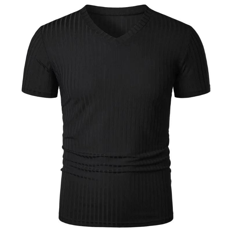 T-Shirt Homme– Col V Stretch, Léger & Côtelé, Style Streetwear Fitness Été