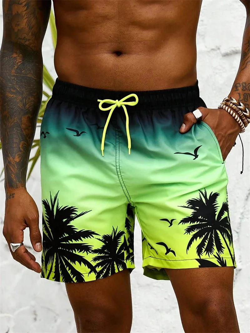 Boardshort Homme Vintage Imprimé 3D Palmiers Tropicaux, Short Hawaïen Respirant & Séchage Rapide.