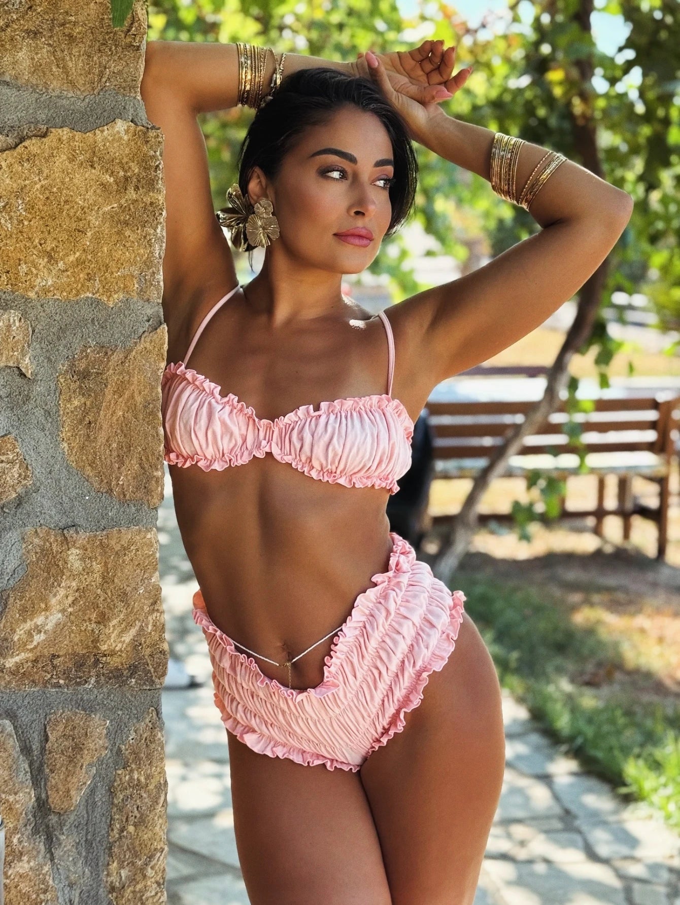Bikini Femme Élégant Froncé Ensemble 2 Pièces Couleur Unie, Haut Bubble.