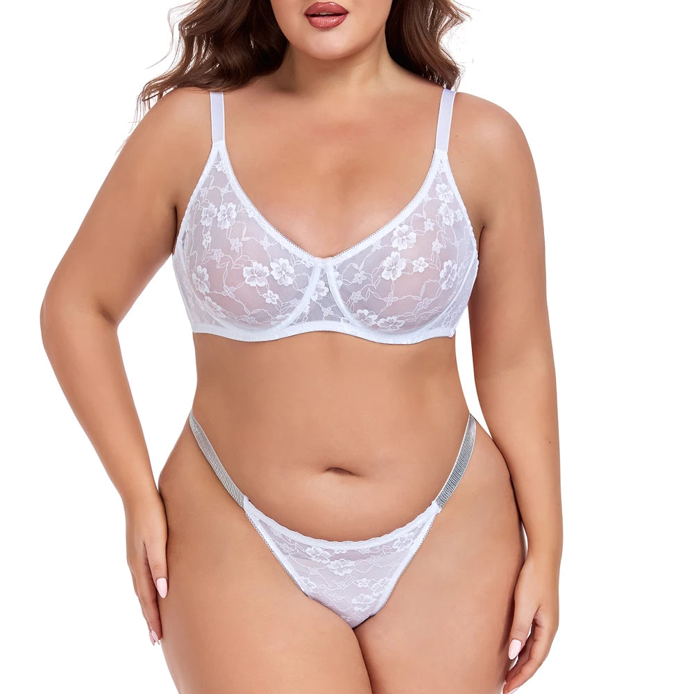 lingerie dentelle florale sexy – Soutien-gorge + string | Respirant, grandes tailles B-F