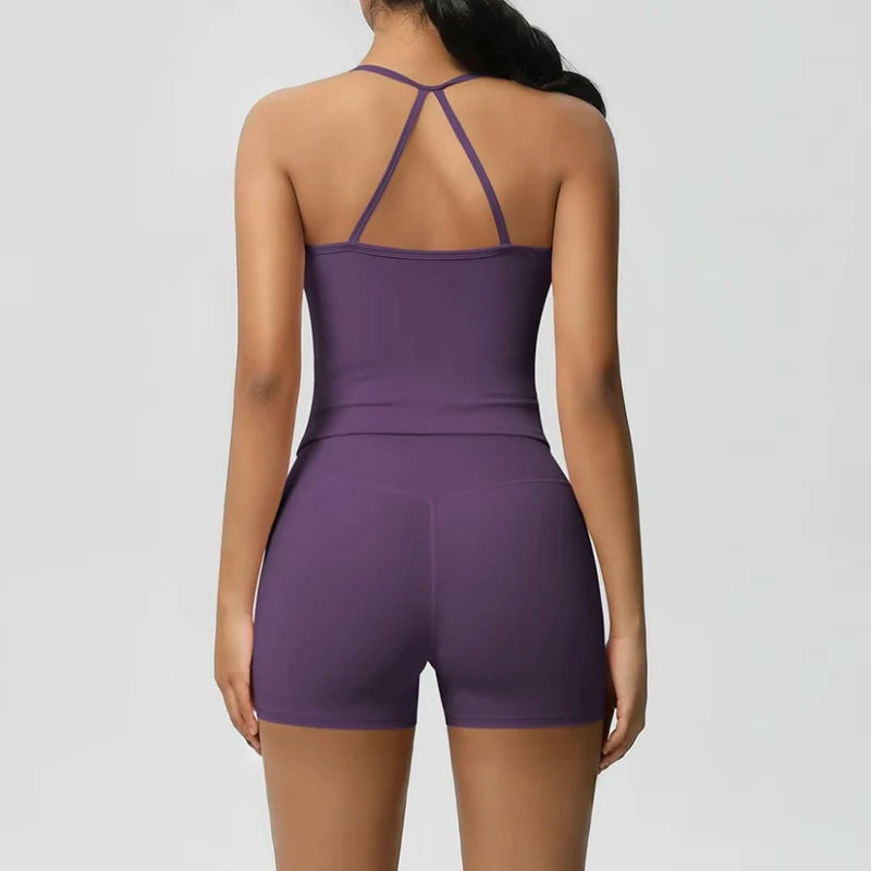 Ensemble Yoga Femme – Débardeur Ajusté Épaules Fines & Short Taille Haute Gainant, Effet Seconde Peau